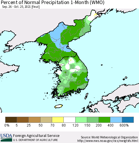Korea Percent of Normal Precipitation 1-Month (WMO) Thematic Map For 9/26/2021 - 10/25/2021