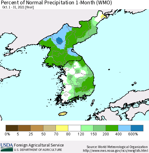 Korea Percent of Normal Precipitation 1-Month (WMO) Thematic Map For 10/1/2021 - 10/31/2021