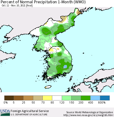 Korea Percent of Normal Precipitation 1-Month (WMO) Thematic Map For 10/11/2021 - 11/10/2021