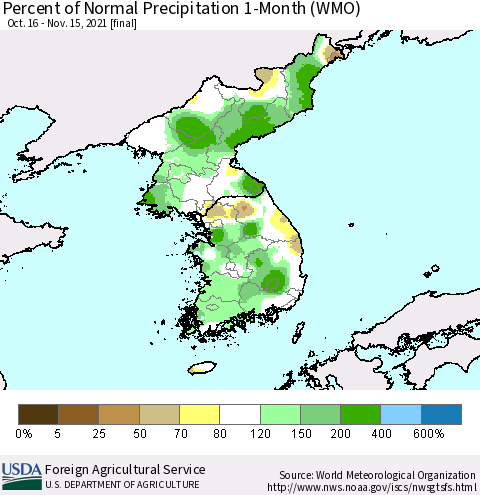 Korea Percent of Normal Precipitation 1-Month (WMO) Thematic Map For 10/16/2021 - 11/15/2021