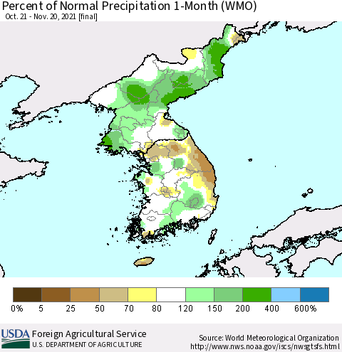 Korea Percent of Normal Precipitation 1-Month (WMO) Thematic Map For 10/21/2021 - 11/20/2021