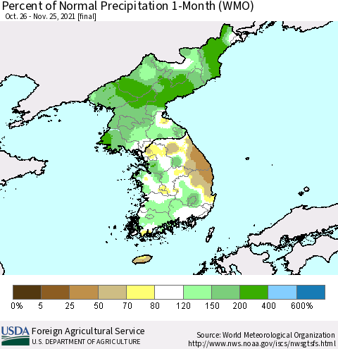 Korea Percent of Normal Precipitation 1-Month (WMO) Thematic Map For 10/26/2021 - 11/25/2021