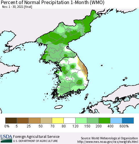 Korea Percent of Normal Precipitation 1-Month (WMO) Thematic Map For 11/1/2021 - 11/30/2021