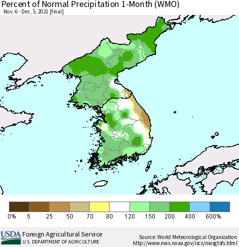 Korea Percent of Normal Precipitation 1-Month (WMO) Thematic Map For 11/6/2021 - 12/5/2021