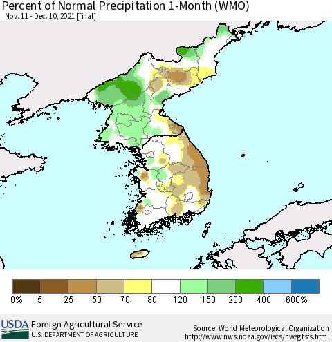 Korea Percent of Normal Precipitation 1-Month (WMO) Thematic Map For 11/11/2021 - 12/10/2021