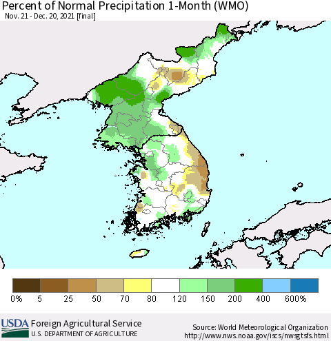 Korea Percent of Normal Precipitation 1-Month (WMO) Thematic Map For 11/21/2021 - 12/20/2021