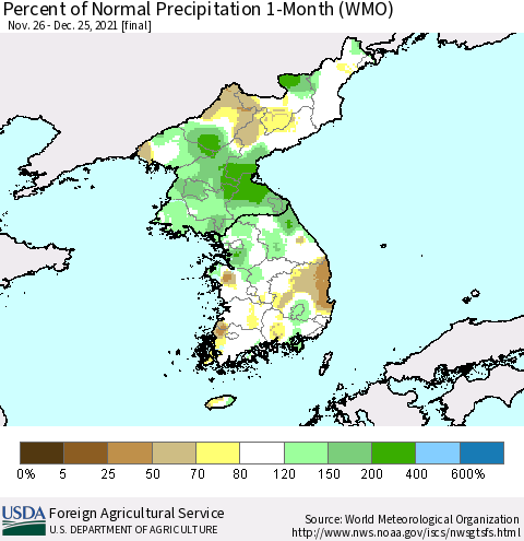 Korea Percent of Normal Precipitation 1-Month (WMO) Thematic Map For 11/26/2021 - 12/25/2021
