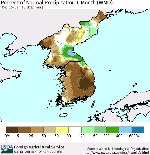 Korea Percent of Normal Precipitation 1-Month (WMO) Thematic Map For 12/16/2021 - 1/15/2022