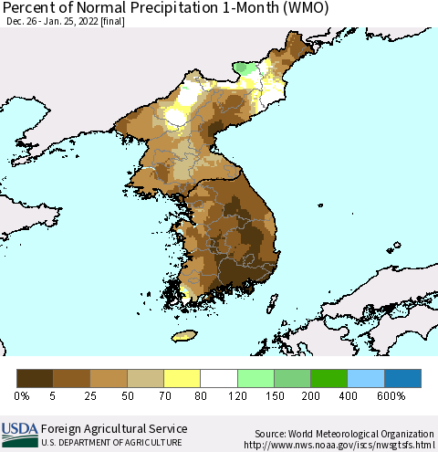 Korea Percent of Normal Precipitation 1-Month (WMO) Thematic Map For 12/26/2021 - 1/25/2022