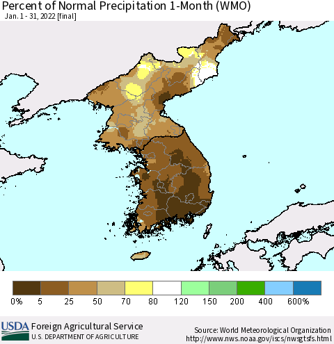 Korea Percent of Normal Precipitation 1-Month (WMO) Thematic Map For 1/1/2022 - 1/31/2022