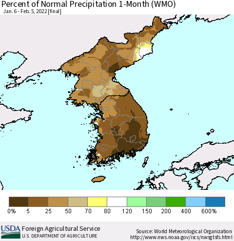 Korea Percent of Normal Precipitation 1-Month (WMO) Thematic Map For 1/6/2022 - 2/5/2022
