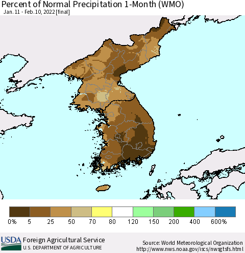 Korea Percent of Normal Precipitation 1-Month (WMO) Thematic Map For 1/11/2022 - 2/10/2022