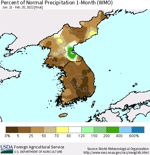 Korea Percent of Normal Precipitation 1-Month (WMO) Thematic Map For 1/21/2022 - 2/20/2022