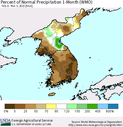 Korea Percent of Normal Precipitation 1-Month (WMO) Thematic Map For 2/6/2022 - 3/5/2022