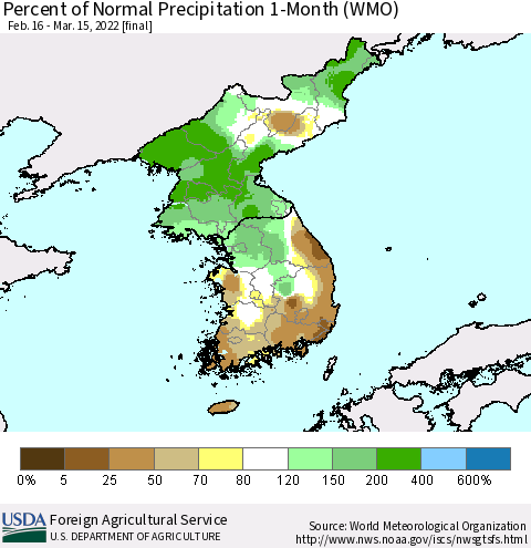 Korea Percent of Normal Precipitation 1-Month (WMO) Thematic Map For 2/16/2022 - 3/15/2022