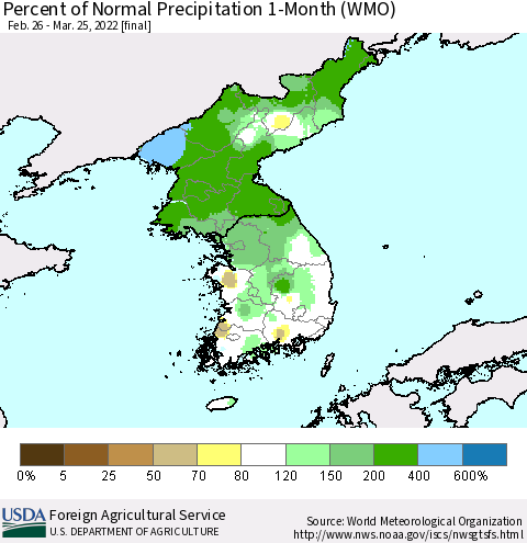 Korea Percent of Normal Precipitation 1-Month (WMO) Thematic Map For 2/26/2022 - 3/25/2022