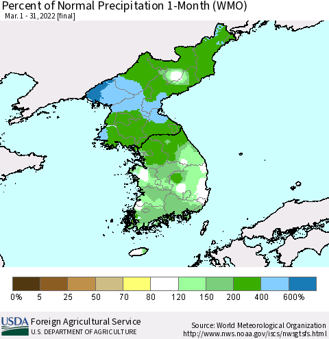 Korea Percent of Normal Precipitation 1-Month (WMO) Thematic Map For 3/1/2022 - 3/31/2022
