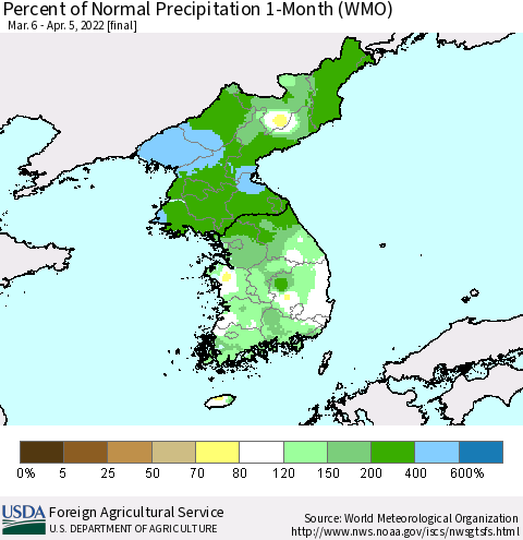Korea Percent of Normal Precipitation 1-Month (WMO) Thematic Map For 3/6/2022 - 4/5/2022