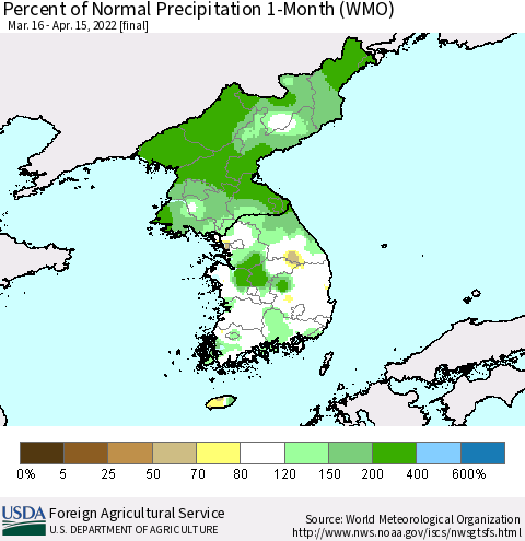 Korea Percent of Normal Precipitation 1-Month (WMO) Thematic Map For 3/16/2022 - 4/15/2022