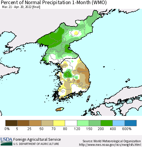 Korea Percent of Normal Precipitation 1-Month (WMO) Thematic Map For 3/21/2022 - 4/20/2022