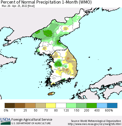 Korea Percent of Normal Precipitation 1-Month (WMO) Thematic Map For 3/26/2022 - 4/25/2022