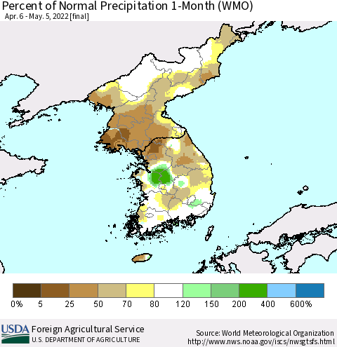 Korea Percent of Normal Precipitation 1-Month (WMO) Thematic Map For 4/6/2022 - 5/5/2022
