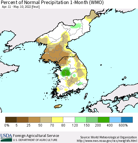 Korea Percent of Normal Precipitation 1-Month (WMO) Thematic Map For 4/11/2022 - 5/10/2022