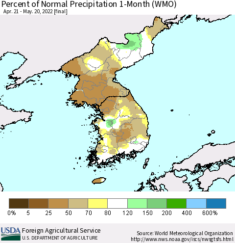 Korea Percent of Normal Precipitation 1-Month (WMO) Thematic Map For 4/21/2022 - 5/20/2022