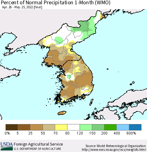 Korea Percent of Normal Precipitation 1-Month (WMO) Thematic Map For 4/26/2022 - 5/25/2022