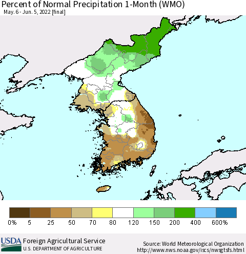 Korea Percent of Normal Precipitation 1-Month (WMO) Thematic Map For 5/6/2022 - 6/5/2022