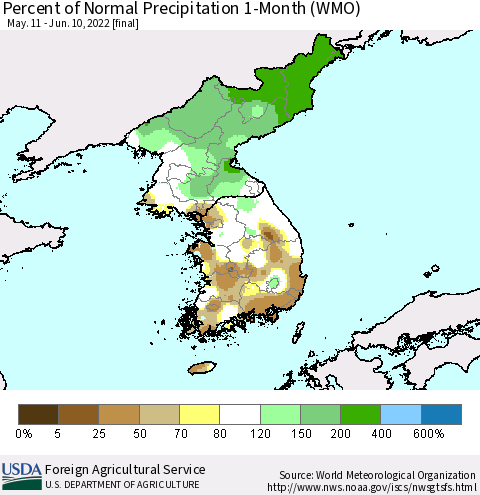 Korea Percent of Normal Precipitation 1-Month (WMO) Thematic Map For 5/11/2022 - 6/10/2022