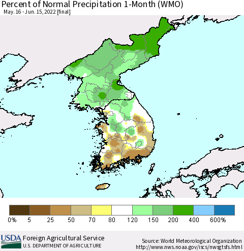 Korea Percent of Normal Precipitation 1-Month (WMO) Thematic Map For 5/16/2022 - 6/15/2022