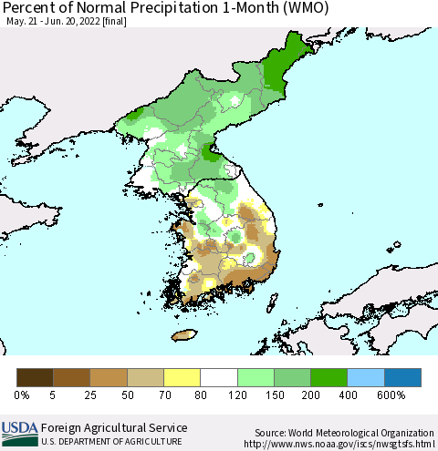 Korea Percent of Normal Precipitation 1-Month (WMO) Thematic Map For 5/21/2022 - 6/20/2022