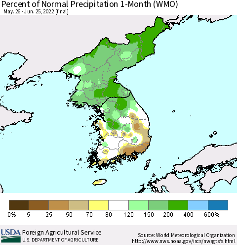Korea Percent of Normal Precipitation 1-Month (WMO) Thematic Map For 5/26/2022 - 6/25/2022