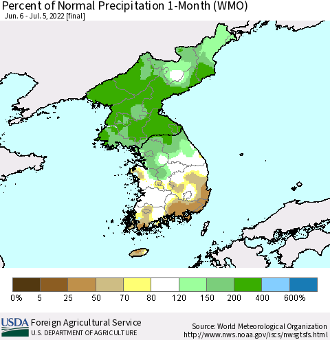 Korea Percent of Normal Precipitation 1-Month (WMO) Thematic Map For 6/6/2022 - 7/5/2022