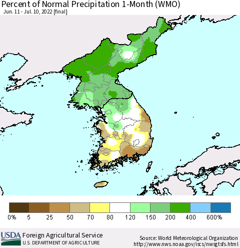 Korea Percent of Normal Precipitation 1-Month (WMO) Thematic Map For 6/11/2022 - 7/10/2022