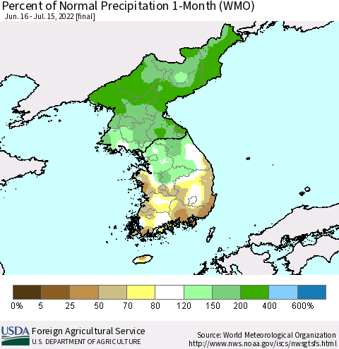 Korea Percent of Normal Precipitation 1-Month (WMO) Thematic Map For 6/16/2022 - 7/15/2022