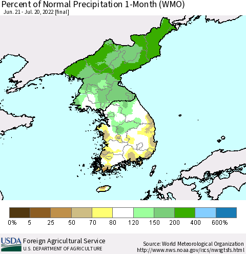 Korea Percent of Normal Precipitation 1-Month (WMO) Thematic Map For 6/21/2022 - 7/20/2022