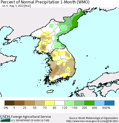 Korea Percent of Normal Precipitation 1-Month (WMO) Thematic Map For 7/6/2022 - 8/5/2022