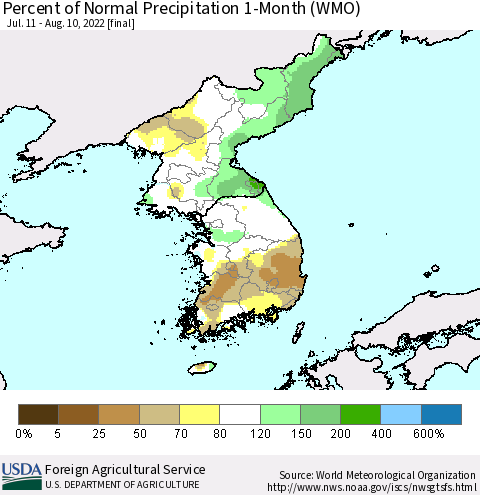 Korea Percent of Normal Precipitation 1-Month (WMO) Thematic Map For 7/11/2022 - 8/10/2022