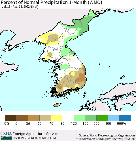 Korea Percent of Normal Precipitation 1-Month (WMO) Thematic Map For 7/16/2022 - 8/15/2022