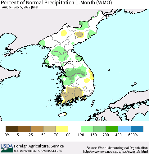 Korea Percent of Normal Precipitation 1-Month (WMO) Thematic Map For 8/6/2022 - 9/5/2022