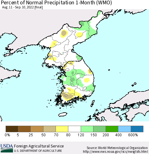 Korea Percent of Normal Precipitation 1-Month (WMO) Thematic Map For 8/11/2022 - 9/10/2022