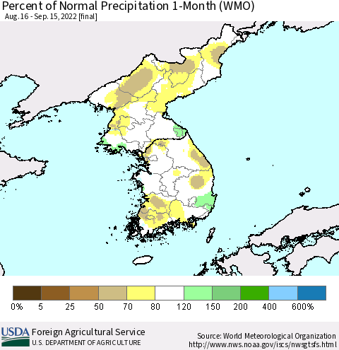 Korea Percent of Normal Precipitation 1-Month (WMO) Thematic Map For 8/16/2022 - 9/15/2022