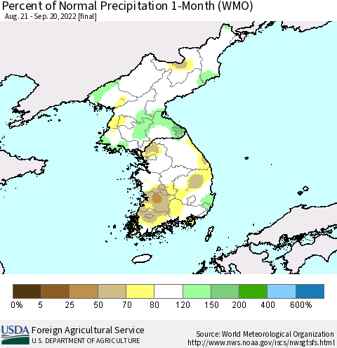 Korea Percent of Normal Precipitation 1-Month (WMO) Thematic Map For 8/21/2022 - 9/20/2022