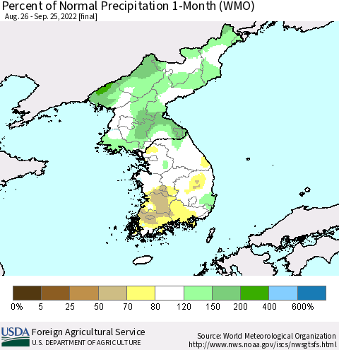 Korea Percent of Normal Precipitation 1-Month (WMO) Thematic Map For 8/26/2022 - 9/25/2022