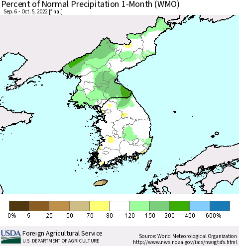 Korea Percent of Normal Precipitation 1-Month (WMO) Thematic Map For 9/6/2022 - 10/5/2022