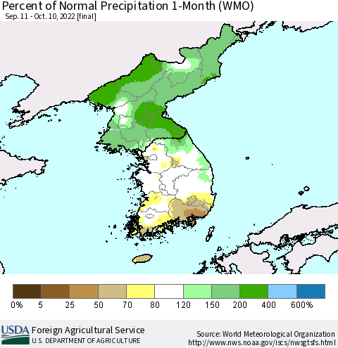 Korea Percent of Normal Precipitation 1-Month (WMO) Thematic Map For 9/11/2022 - 10/10/2022