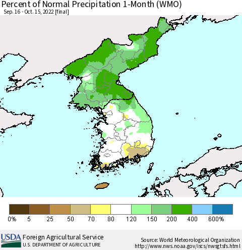 Korea Percent of Normal Precipitation 1-Month (WMO) Thematic Map For 9/16/2022 - 10/15/2022