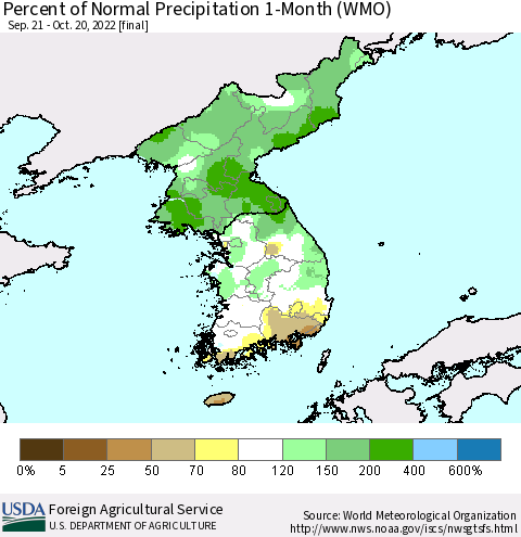 Korea Percent of Normal Precipitation 1-Month (WMO) Thematic Map For 9/21/2022 - 10/20/2022